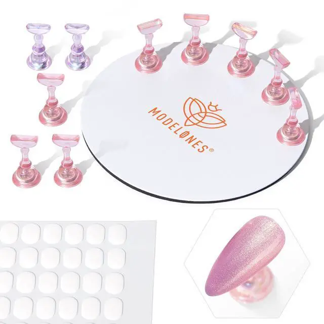 Main image of Nail Stand Set, Magnetic Aurora Pink Nail Stands for Press ons False Nail Tips Practice Acrylic Holder with 200pcs Sticky Tabs Strong Metal Base Painting Display DIY & Salon Use