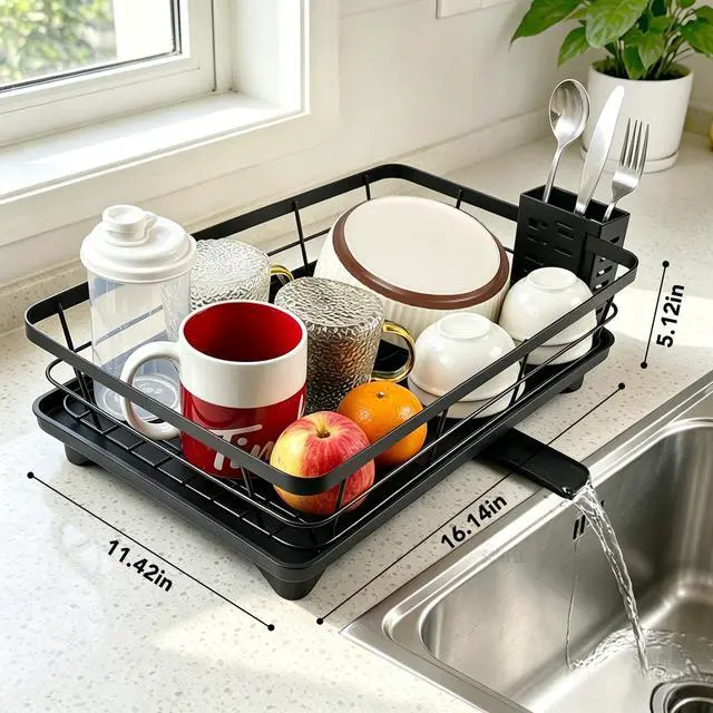 Alt view image 2 of 7 - Drying Rack for Kitchen Counter, Compact Black Single Tier with Utensil Holder & Drainboard, for Mugs Bowls Cups and Utensils