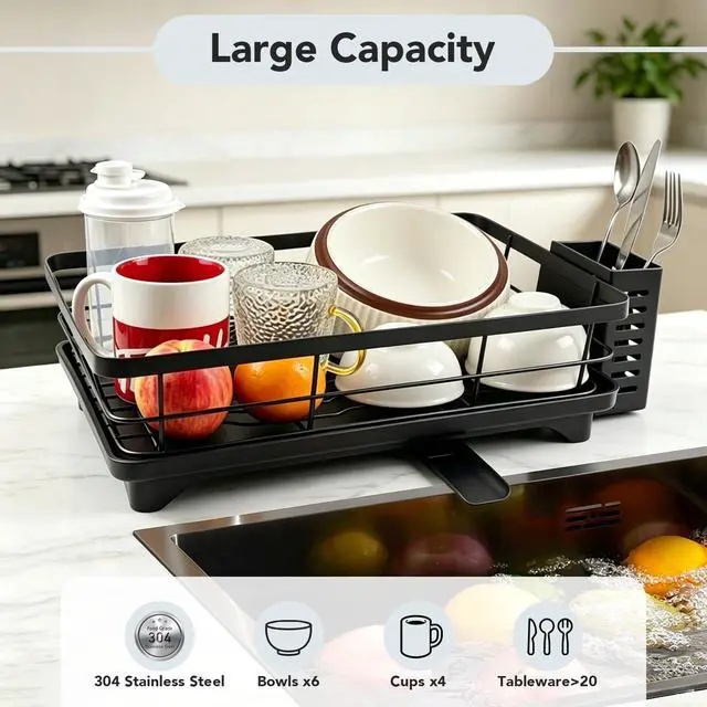 Alt view image 3 of 7 - Drying Rack for Kitchen Counter, Compact Black Single Tier with Utensil Holder & Drainboard, for Mugs Bowls Cups and Utensils