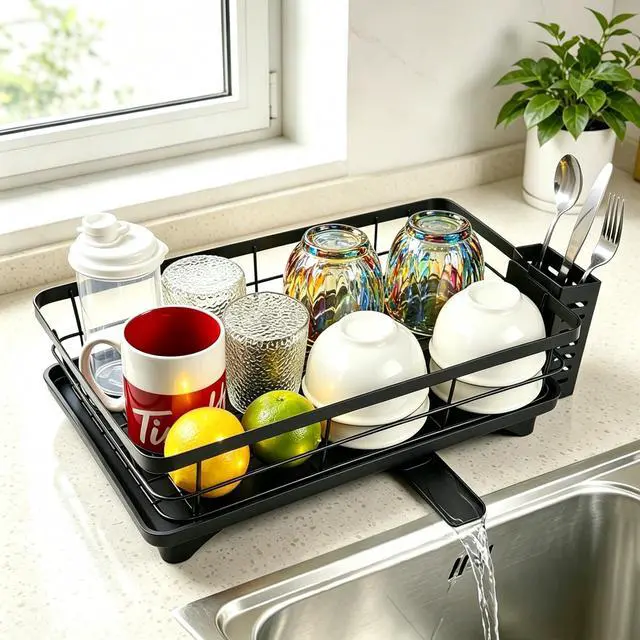 Main image of Drying Rack for Kitchen Counter, Compact Black Single Tier with Utensil Holder & Drainboard, for Mugs Bowls Cups and Utensils