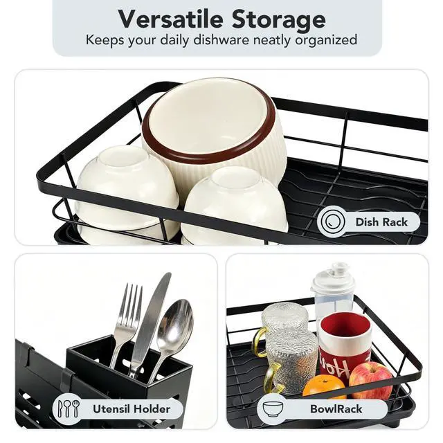 Alt view image 4 of 7 - Drying Rack for Kitchen Counter, Compact Black Single Tier with Utensil Holder & Drainboard, for Mugs Bowls Cups and Utensils