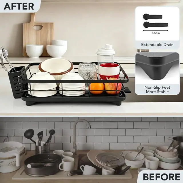 Alt view image 7 of 7 - Drying Rack for Kitchen Counter, Compact Black Single Tier with Utensil Holder & Drainboard, for Mugs Bowls Cups and Utensils