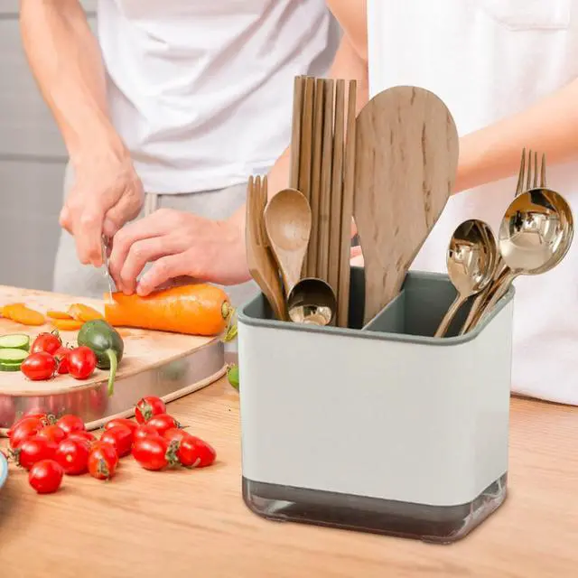 Alt view image 2 of 7 - Utensil Holder Cutlery Drainer Sink Caddy, Chopsticks Holder Spoon Chopsticks Fork Drain Rack Basket Storage Holder Organizer Compartment Box (Grey)