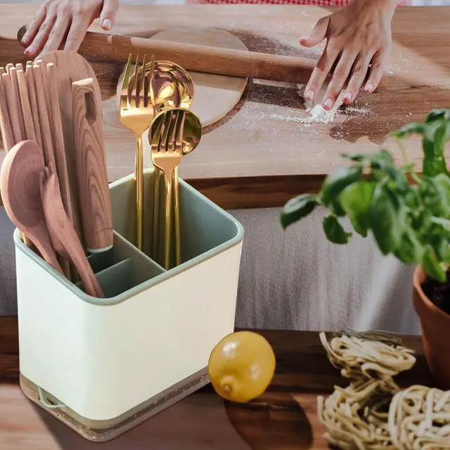 Alt view image 7 of 7 - Utensil Holder Cutlery Drainer Sink Caddy, Chopsticks Holder Spoon Chopsticks Fork Drain Rack Basket Storage Holder Organizer Compartment Box (Grey)