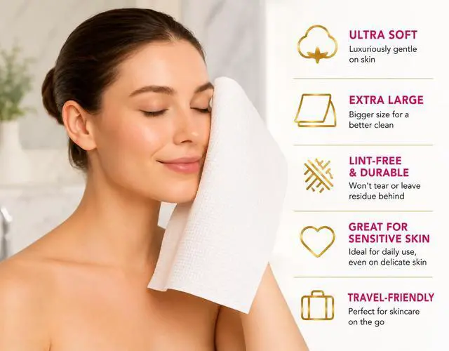 Alt view image 4 of 7 - XL Disposable Face Towels 50 Count Ultra-Soft Lint-Free Dry Facial Wipes, 100% Viscose Towels for Skincare, Makeup Removal & Sensitive Skin