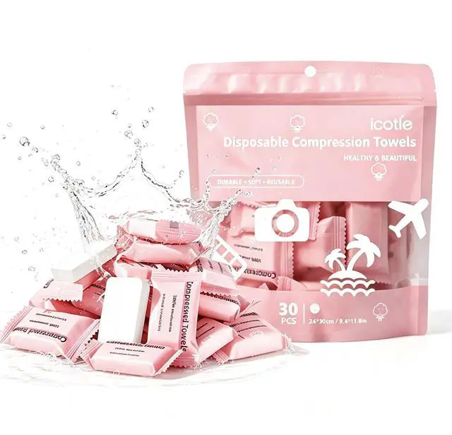 Main image of 30 Pcs Compressed Towels, Disposable Compressed Face Towels, Individually Wrapped Travel Towel Tablets, Soft Portable Washcloths Expand with Water for Camping, Beauty, Sports, Hiking, Home Daily use