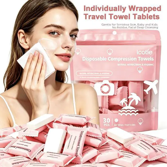 Alt view image 2 of 7 - 30 Pcs Compressed Towels, Disposable Compressed Face Towels, Individually Wrapped Travel Towel Tablets, Soft Portable Washcloths Expand with Water for Camping, Beauty, Sports, Hiking, Home Daily use