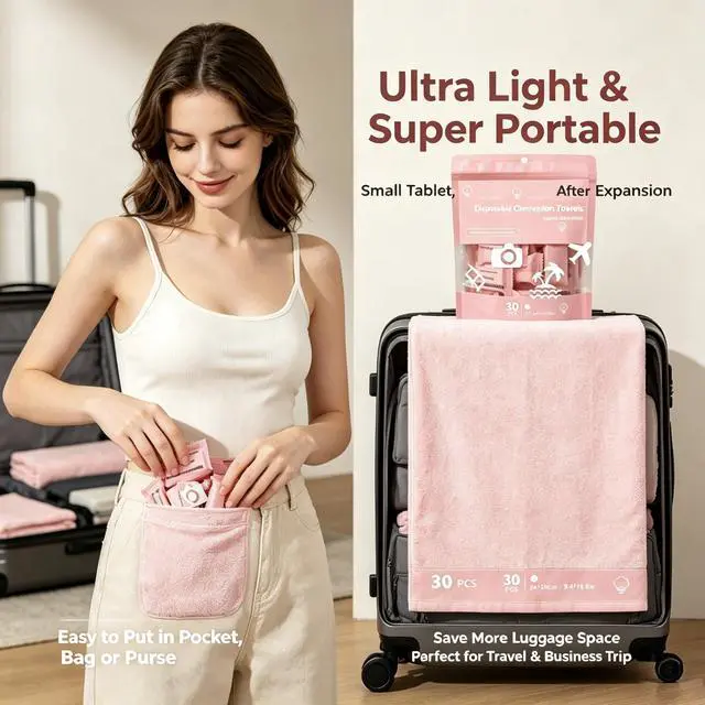 Alt view image 3 of 7 - 30 Pcs Compressed Towels, Disposable Compressed Face Towels, Individually Wrapped Travel Towel Tablets, Soft Portable Washcloths Expand with Water for Camping, Beauty, Sports, Hiking, Home Daily use