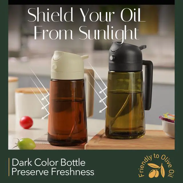 Alt view image 2 of 7 - 16oz/470ml Light-Blocking Dark Oil Sprayer for Cooking, 2 in 1 Olive Oil Dispenser Bottle for Kitchen, Dark Green Glass Oil Bottle, Food-Grade Oil Mister for Air Fryer, BBQ (PeachPink)