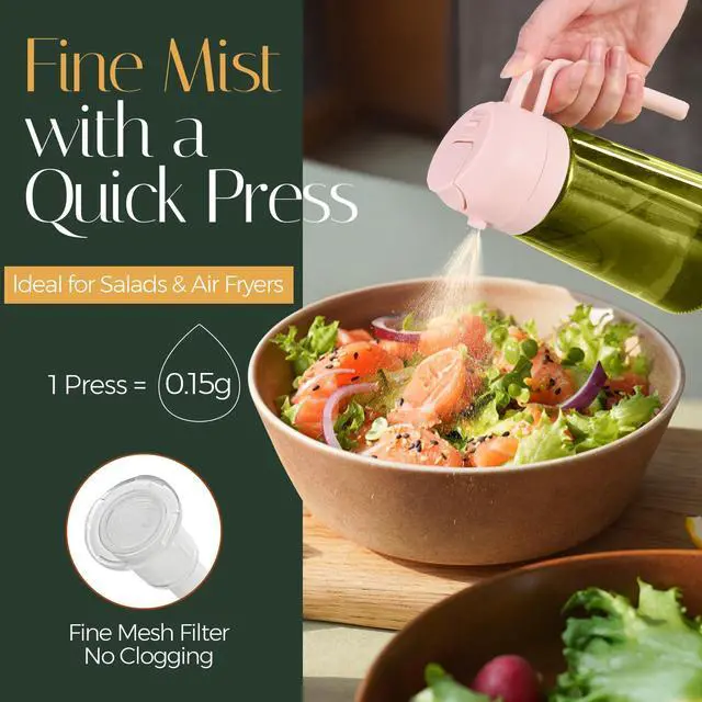 Alt view image 3 of 7 - 16oz/470ml Light-Blocking Dark Oil Sprayer for Cooking, 2 in 1 Olive Oil Dispenser Bottle for Kitchen, Dark Green Glass Oil Bottle, Food-Grade Oil Mister for Air Fryer, BBQ (PeachPink)
