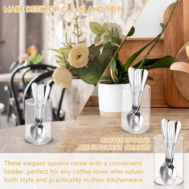 Alt view image 6 of 7 - 6 Pcs Mini Coffee Spoons with Holder 4.7 inch Demitasse Espresso Stainless Steel Spoons Silver with Acrylic Cylinder Holder for Coffee Bar Home Tea Party (6)
