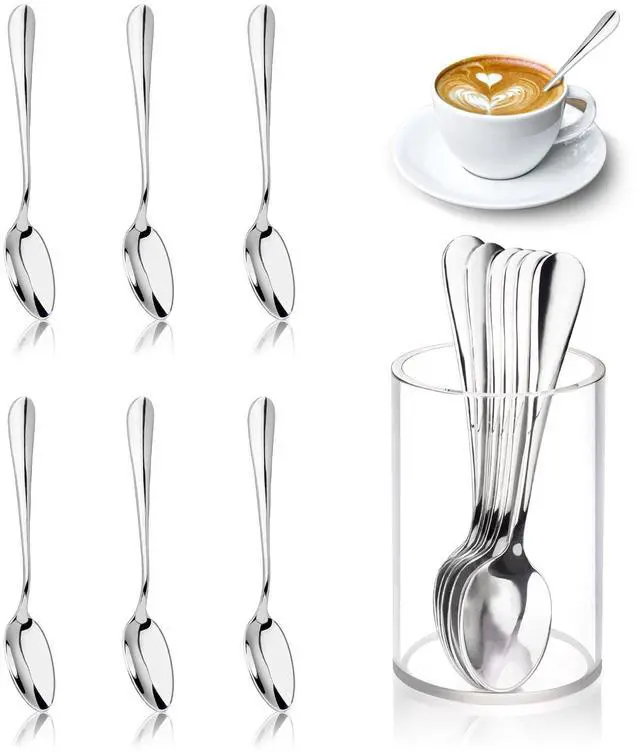 Main image of 6 Pcs Mini Coffee Spoons with Holder 4.7 inch Demitasse Espresso Stainless Steel Spoons Silver with Acrylic Cylinder Holder for Coffee Bar Home Tea Party (6)