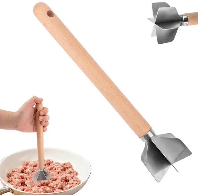 Main image of Stainless Steel Meat Chopper, 28x7cm/11x2.76in 6-Blade Multi-Functional Stainless Steel Meat Masher Ground Beef Chopper Tool with Wooden Handle for Home Kitchen Meal Preparation