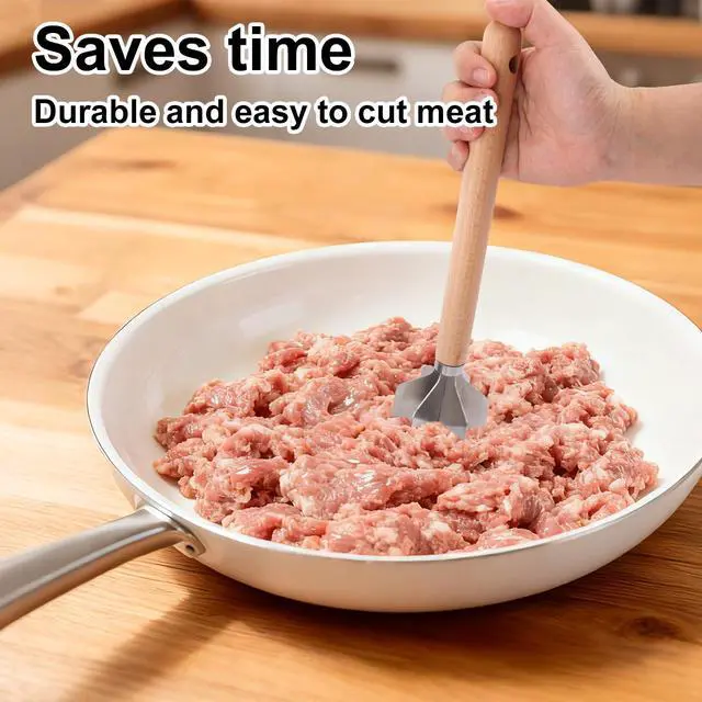 Alt view image 5 of 7 - Stainless Steel Meat Chopper, 28x7cm/11x2.76in 6-Blade Multi-Functional Stainless Steel Meat Masher Ground Beef Chopper Tool with Wooden Handle for Home Kitchen Meal Preparation
