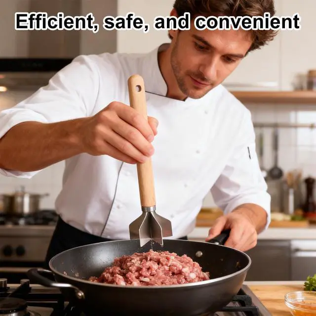 Alt view image 6 of 7 - Stainless Steel Meat Chopper, 28x7cm/11x2.76in 6-Blade Multi-Functional Stainless Steel Meat Masher Ground Beef Chopper Tool with Wooden Handle for Home Kitchen Meal Preparation
