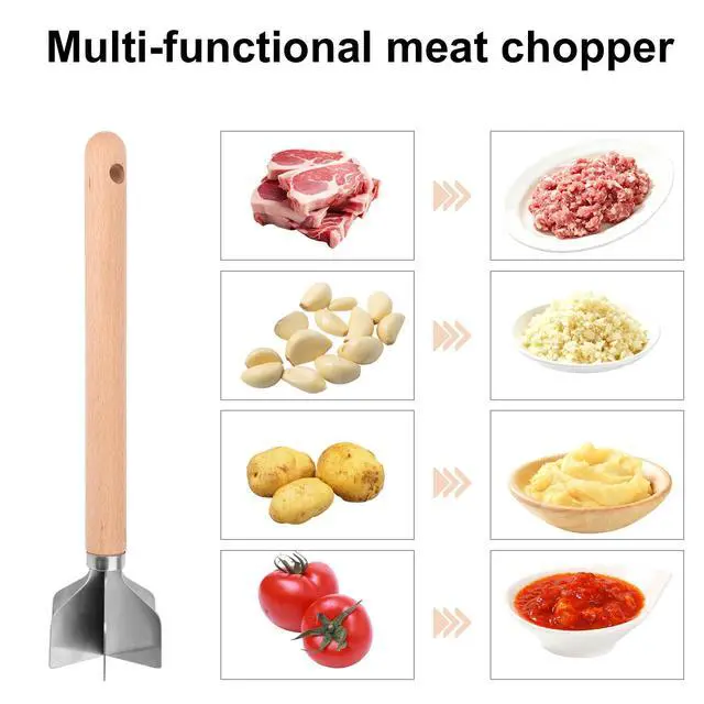 Alt view image 7 of 7 - Stainless Steel Meat Chopper, 28x7cm/11x2.76in 6-Blade Multi-Functional Stainless Steel Meat Masher Ground Beef Chopper Tool with Wooden Handle for Home Kitchen Meal Preparation