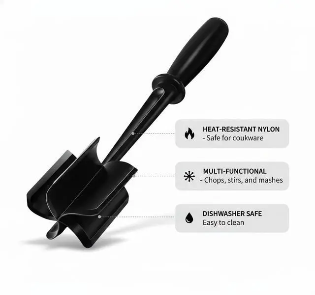 Alt view image 3 of 5 - Ground Beef Chopper Tool, Meat Masher and Smasher, Heat-Resistant Nylon, Dishwasher Safe, Black (1)