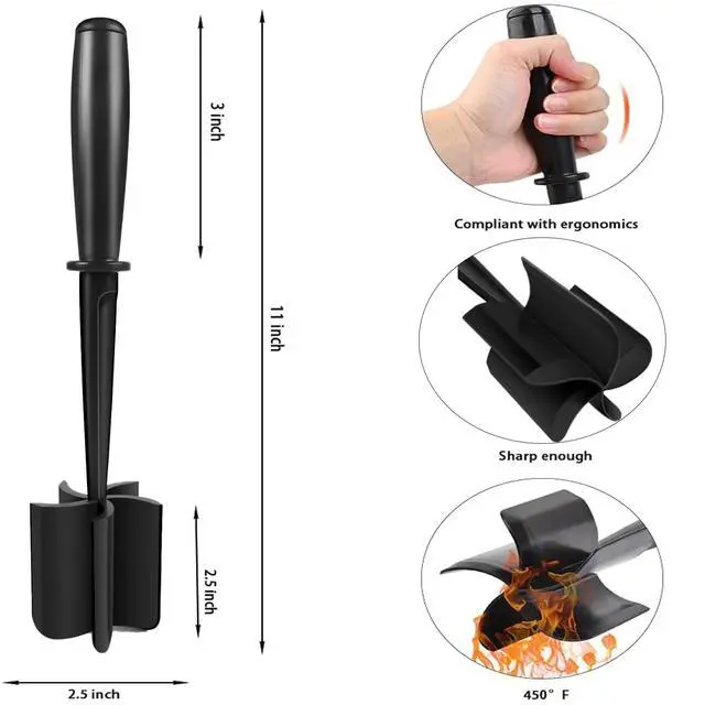 Alt view image 2 of 7 - Meat Chopper, Premium Heat Resistant Meat Masher, 5 Blades Ground Beef Masher, Dishwasher Safe, Non Stick Hamburger Smasher, Nylon Potato Masher, Black
