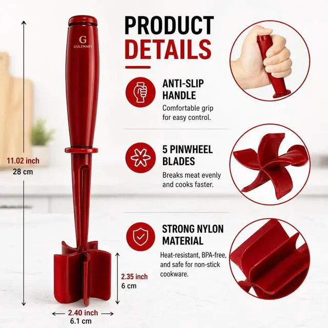 Alt view image 4 of 7 - Meat Chopper for Ground Beef, Heat Resistant Nylon Hamburger Chopper, Ground Meat Smasher, Non-Stick Safe Meat Masher & Vegetable Chopper, Ergonomic Handle Kitchen Tool, Dishwasher Safe, (Red)