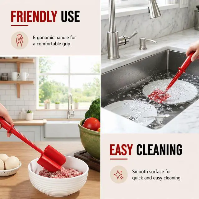 Alt view image 5 of 7 - Meat Chopper for Ground Beef, Heat Resistant Nylon Hamburger Chopper, Ground Meat Smasher, Non-Stick Safe Meat Masher & Vegetable Chopper, Ergonomic Handle Kitchen Tool, Dishwasher Safe, (Red)