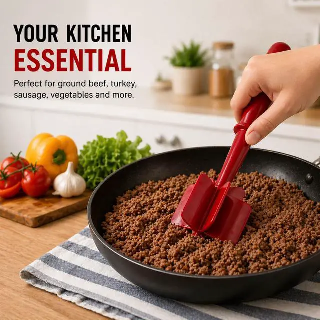 Alt view image 2 of 7 - Meat Chopper for Ground Beef, Heat Resistant Nylon Hamburger Chopper, Ground Meat Smasher, Non-Stick Safe Meat Masher & Vegetable Chopper, Ergonomic Handle Kitchen Tool, Dishwasher Safe, (Red)