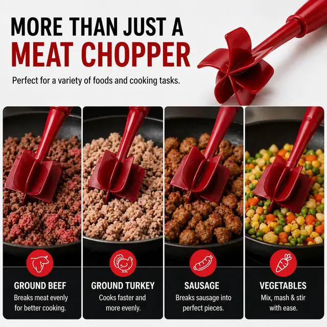 Alt view image 7 of 7 - Meat Chopper for Ground Beef, Heat Resistant Nylon Hamburger Chopper, Ground Meat Smasher, Non-Stick Safe Meat Masher & Vegetable Chopper, Ergonomic Handle Kitchen Tool, Dishwasher Safe, (Red)