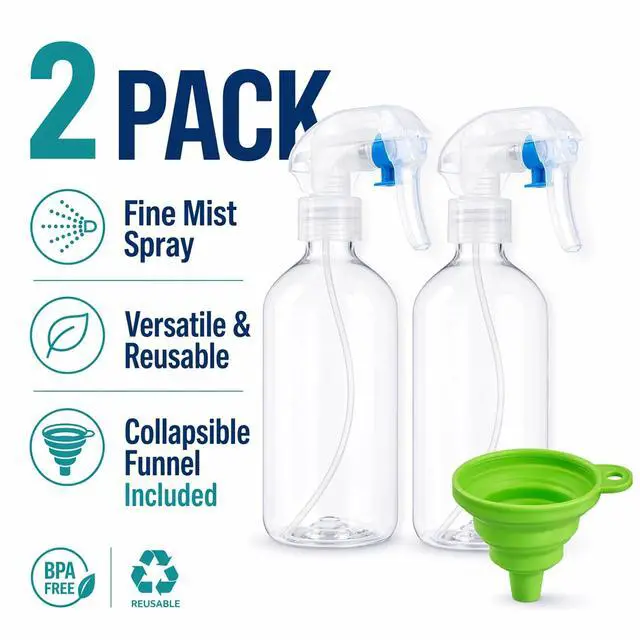 Alt view image 2 of 6 - Leakproof Spray Bottle 2 Pack 10 oz, Ultra Fine Mist Sprayer | PET Plastic, 300ml Each, Safety Lock Clip, Leak Proof, For Hair Styling, Plant Misting, Cleaning, Refillable