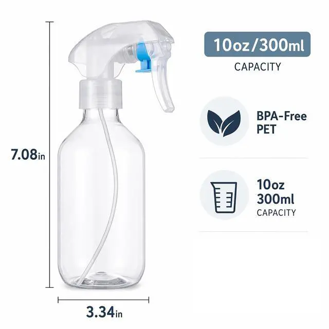 Alt view image 5 of 6 - Leakproof Spray Bottle 2 Pack 10 oz, Ultra Fine Mist Sprayer | PET Plastic, 300ml Each, Safety Lock Clip, Leak Proof, For Hair Styling, Plant Misting, Cleaning, Refillable