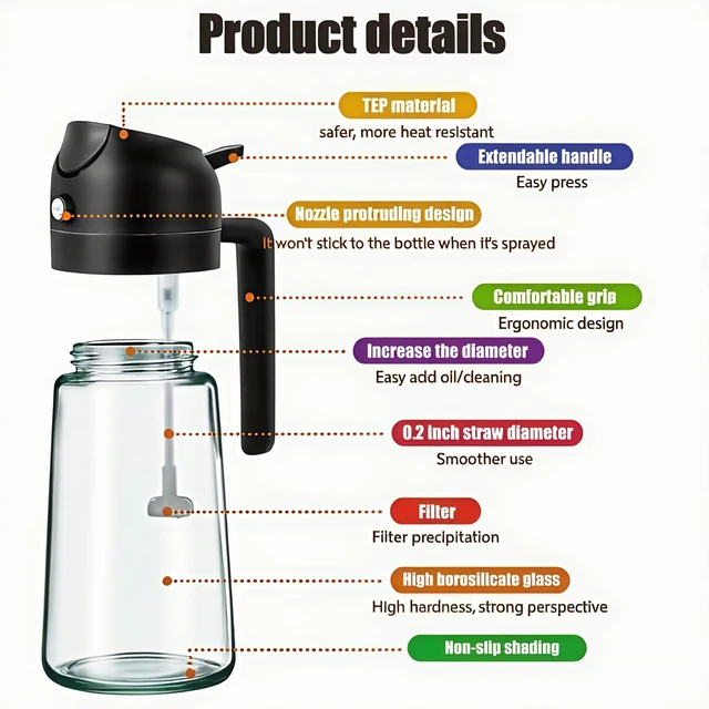 Alt view image 7 of 7 - 16oz/470ml Glass Olive Oil Sprayer for Cooking | 2 in 1 Oil Dispenser for Kitchen Spray and Pour, Premium Oil Bottle, Food-Grade Spray Bottle, for Salad, Air Fryer, BBQ