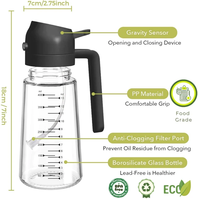 Alt view image 3 of 7 - Glass Olive Oil Sprayer for Cooking 16oz/470ml Transparent 2 in 1 Glass Oil Sprayer & Dispenser with Scale, Kitchen Gadgets & Air Fryer Accessories, Olive Oil Dispenser Black