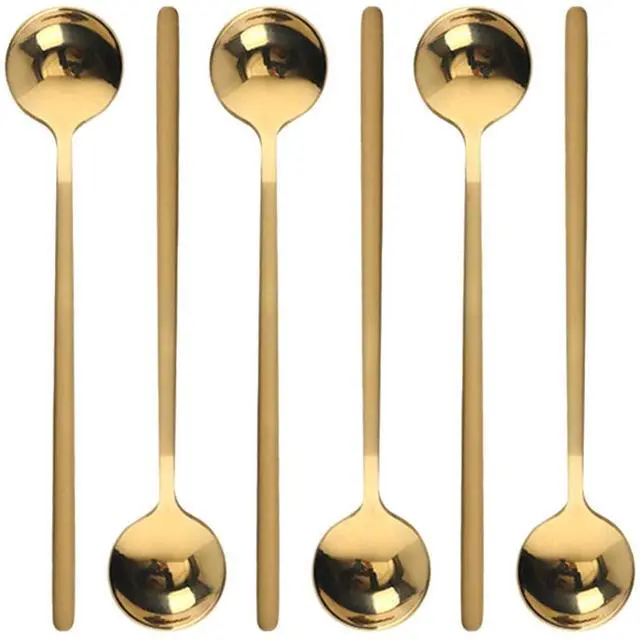 Main image of 6 Pcs Coffee Spoons Stainless Steel Tea Spoon Round Dessert Spoon Long Handle Spoons for Hot Chocolate Ice Tea Latte Dessert Espresso Golden