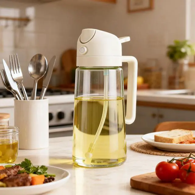 Alt view image 7 of 7 - 16oz/470ml Glass Olive Oil Sprayer & 2-in-1 Dispenser Bottle with Pour Spout for Cooking, Air Fryers, Salads, BBQs, and Kitchen Use(milky white)