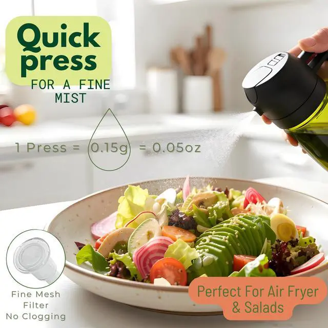 Alt view image 4 of 7 - Glass Olive Oil Sprayer for Cooking 16oz/470ml Dark-Green 2 in 1 Glass Oil Sprayer & Dispenser with Scale, Kitchen Gadgets & Air Fryer Accessories, Olive Oil Dispenser Black