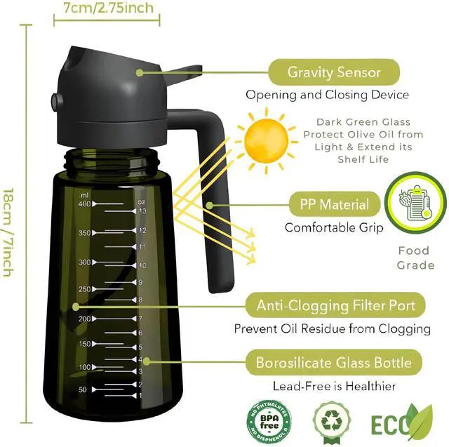 Alt view image 3 of 7 - Glass Olive Oil Sprayer for Cooking 16oz/470ml Dark-Green 2 in 1 Glass Oil Sprayer & Dispenser with Scale, Kitchen Gadgets & Air Fryer Accessories, Olive Oil Dispenser Black
