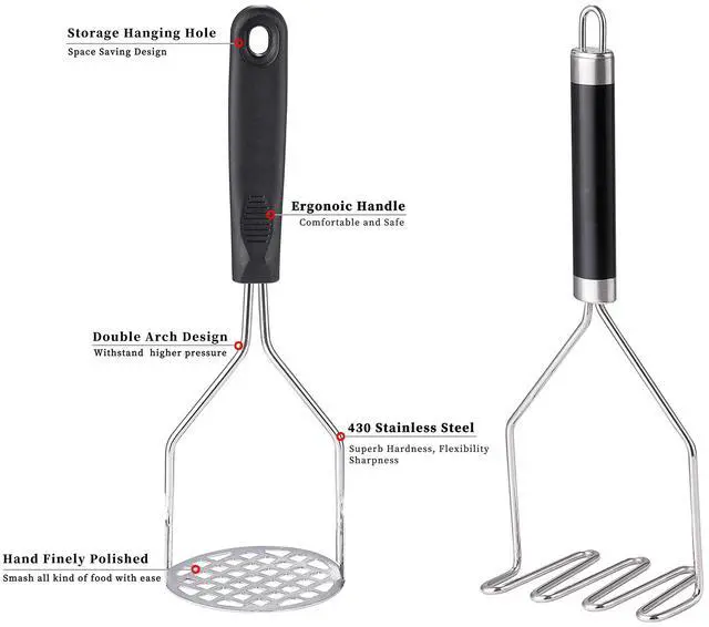 Alt view image 3 of 7 - 2PCS Potato Masher, OLULU Heavy Duty Stainless Steel Mashed Potatoes Masher, Masher Kitchen Tool for Avocado, Potatoes, Beans, Meat, Vegetables, 10.24inch, Dishwasher Safe