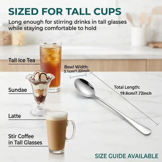 Alt view image 2 of 7 - Iced Tea Spoons Long Handle Set of 4 7.7 Inch Stainless Steel Long Teaspoons for Tall Glasses, Iced Coffee Milkshake Sundae Dessert Stirring, Mirror Finish Dishwasher Safe Coffee Bar Spoons