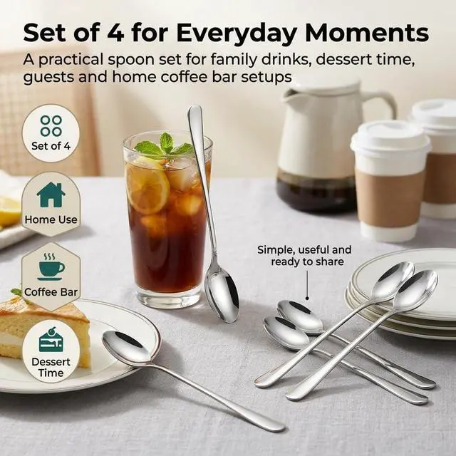 Alt view image 6 of 7 - Iced Tea Spoons Long Handle Set of 4 7.7 Inch Stainless Steel Long Teaspoons for Tall Glasses, Iced Coffee Milkshake Sundae Dessert Stirring, Mirror Finish Dishwasher Safe Coffee Bar Spoons