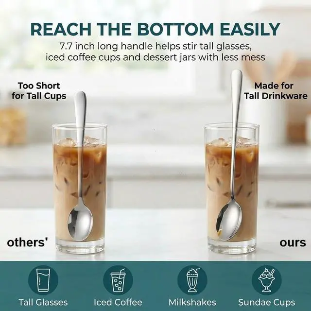 Alt view image 3 of 7 - Iced Tea Spoons Long Handle Set of 4 7.7 Inch Stainless Steel Long Teaspoons for Tall Glasses, Iced Coffee Milkshake Sundae Dessert Stirring, Mirror Finish Dishwasher Safe Coffee Bar Spoons