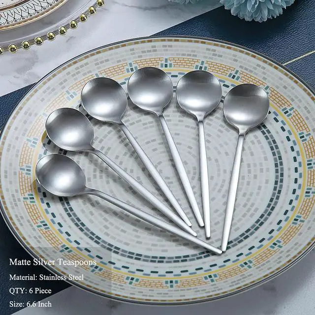 Alt view image 2 of 7 - Matt Silver 6.6'' Teaspoons - 6 Piece Stainless Steel Tea Spoons for Home, Kitchen or Restaurant - Dishwasher Safe