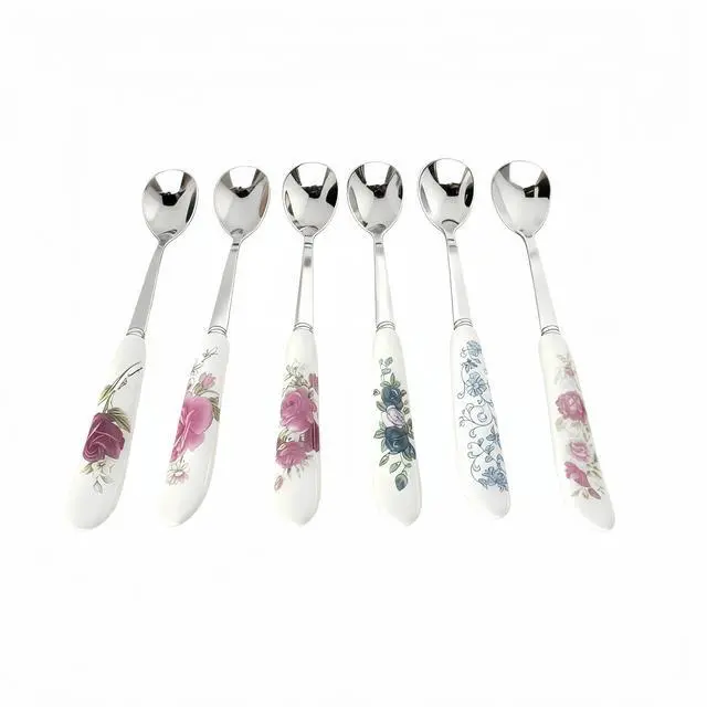 Main image of 6-Piece Set of Stainless Steel Coffee Spoons Ceramic Handles Teaspoons Sugar Water Ice Cream Smoothies Spoons Soup Mixing Utensils