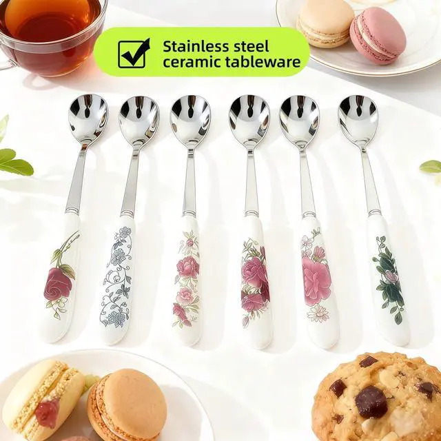 Alt view image 2 of 7 - 6-Piece Set of Stainless Steel Coffee Spoons Ceramic Handles Teaspoons Sugar Water Ice Cream Smoothies Spoons Soup Mixing Utensils