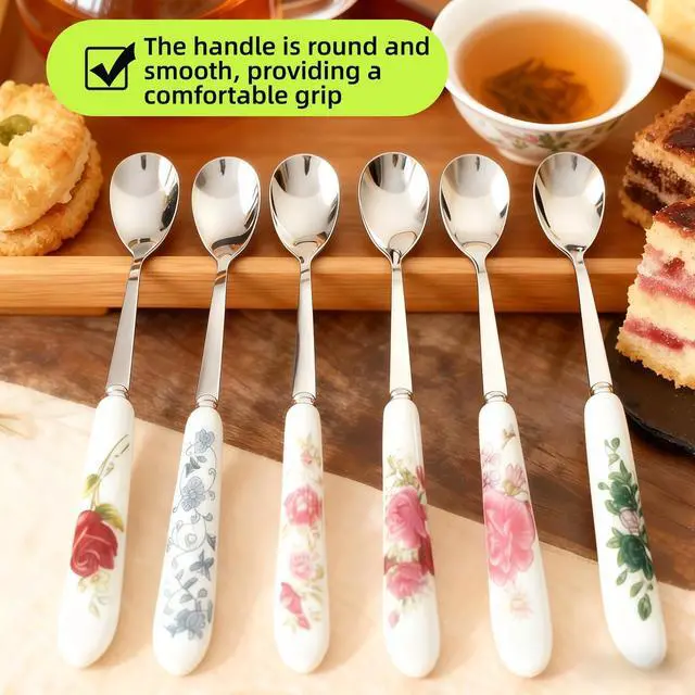 Alt view image 3 of 7 - 6-Piece Set of Stainless Steel Coffee Spoons Ceramic Handles Teaspoons Sugar Water Ice Cream Smoothies Spoons Soup Mixing Utensils