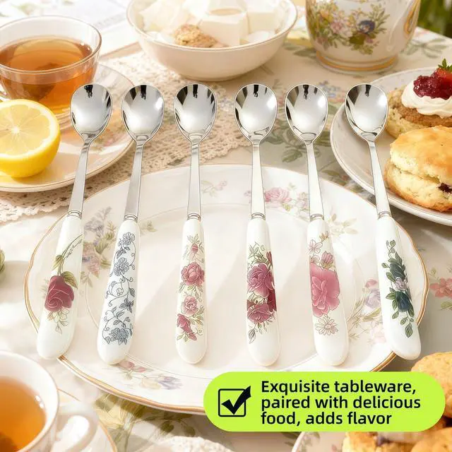 Alt view image 5 of 7 - 6-Piece Set of Stainless Steel Coffee Spoons Ceramic Handles Teaspoons Sugar Water Ice Cream Smoothies Spoons Soup Mixing Utensils