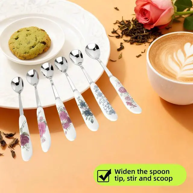 Alt view image 6 of 7 - 6-Piece Set of Stainless Steel Coffee Spoons Ceramic Handles Teaspoons Sugar Water Ice Cream Smoothies Spoons Soup Mixing Utensils