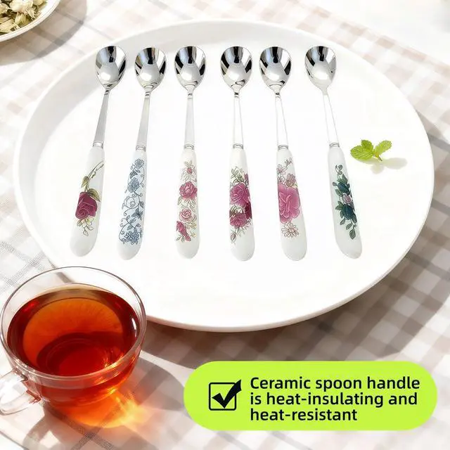 Alt view image 7 of 7 - 6-Piece Set of Stainless Steel Coffee Spoons Ceramic Handles Teaspoons Sugar Water Ice Cream Smoothies Spoons Soup Mixing Utensils