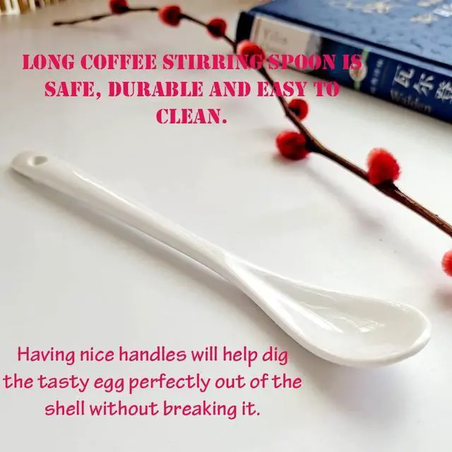 Alt view image 6 of 7 - 6.7" Ceramic Egg Spoon Set (5 Pieces), White Long-Handled Teaspoon for Coffee, Tea, Yogurt, Ice Cream, Sauces and Desserts, Espresso Stirrer