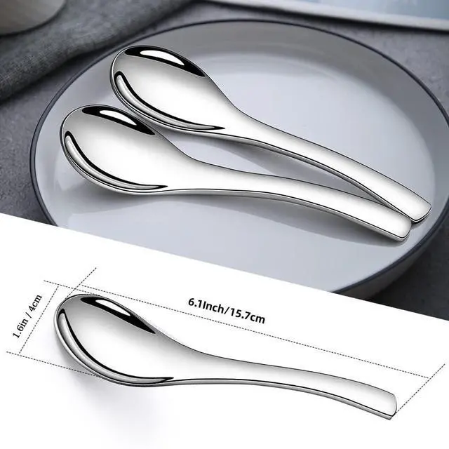 Alt view image 2 of 7 - Stainless Steel Soup Spoons - 6 Inch Heavy Duty Asian Soup Spoon for Ramen, Rice, Tea, and Milk, Set of 4 Short Handle Ramen Spoons, Dishwasher Safe, Silver Chinese Table Spoon