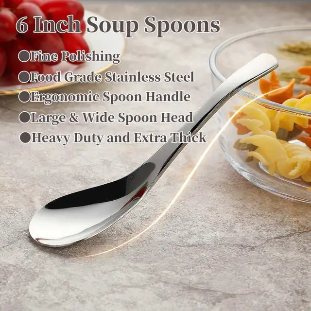 Alt view image 5 of 7 - Stainless Steel Soup Spoons - 6 Inch Heavy Duty Asian Soup Spoon for Ramen, Rice, Tea, and Milk, Set of 4 Short Handle Ramen Spoons, Dishwasher Safe, Silver Chinese Table Spoon