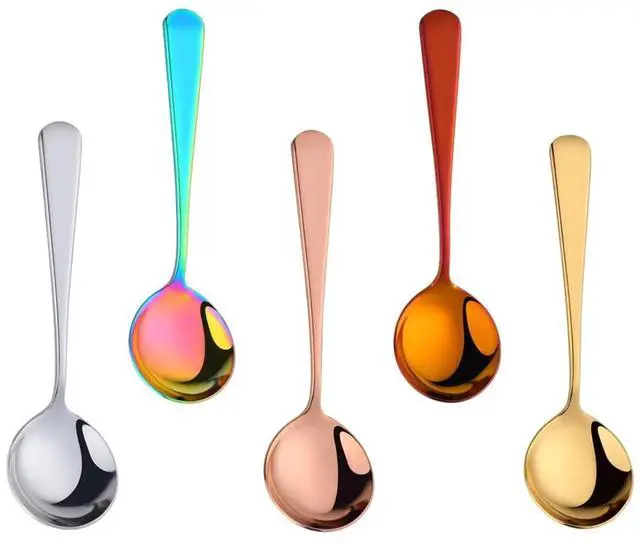 Main image of 5 Color Soup Spoon set, Round Stainless Steel Bouillon Spoons 6-inch Metal Soup Spoon Flatware Set