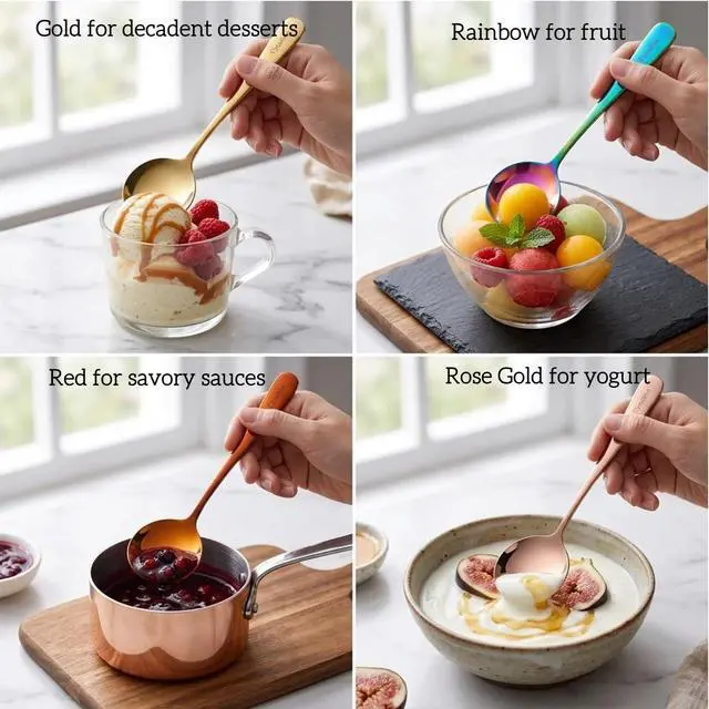 Alt view image 4 of 5 - 5 Color Soup Spoon set, Round Stainless Steel Bouillon Spoons 6-inch Metal Soup Spoon Flatware Set